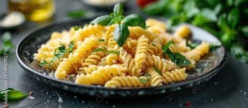 Fusilli pasta with ricotta and herbs, topped with fresh basil, served on a table.