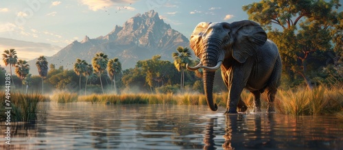 African elephant wading through the water with a scenic backdrop.