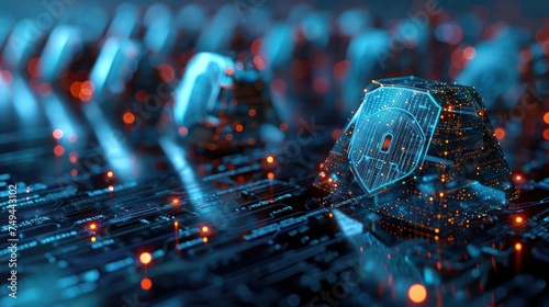 Visualize the synergy of data security layers with an image of interconnected shields and barriers, creating a secure perimeter for information flow