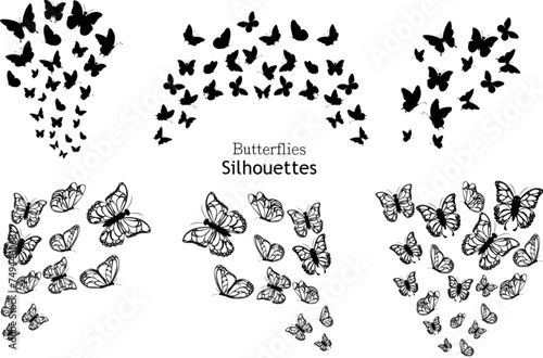 hand drwan vector Butterfly swarm silhouette Collection