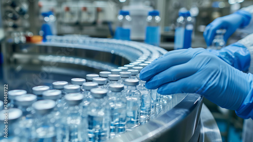 The staff checks medical vials on the production line in a pharmaceutical factory