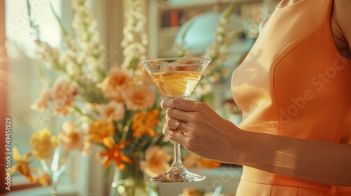 Elegant Woman in Orange Dress Holding a Martini Glass with Sunlight Streaming Through Window