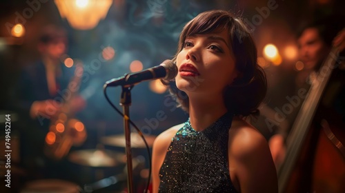 Glamorous Female Jazz Singer Performing Live with Band in Smoky Retro Club Ambiance