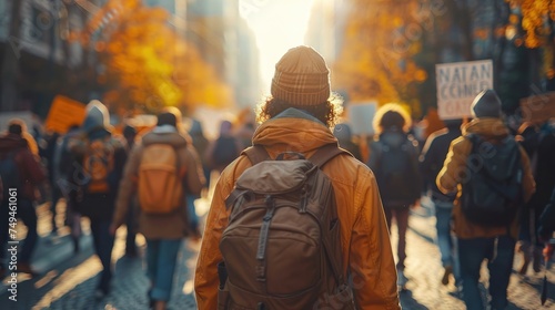 Rear view of an individual with a backpack walking through a crowded protest on a city street, with autumn leaves.