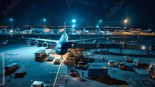 An aerial view of a bustling airport at night, showcasing an airplane at the gate, cargo being loaded, and the vibrant lights of the facility.