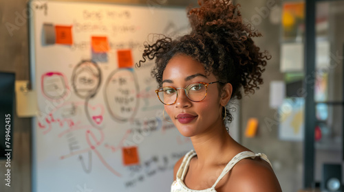 African American woman with glasses standing in front of a whiteboard, drawing colorful mind maps on the board