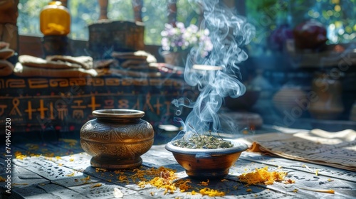 A serene setting of traditional herbal medicine with smoldering incense, ancient scripts, and sunlit ambiance.