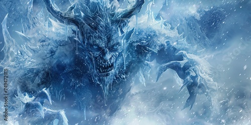 Hell freezing over - frozen devil in blue and covered with ice after the impossible happens