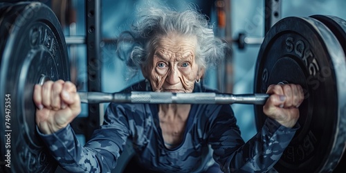 Older woman lifting barbells - grandma action sports. Retired senior citizen checking items off her bucket list