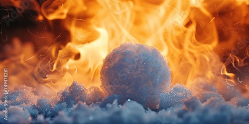 Snowball's chance in hell - frozen snowball surrounded by fiery flames