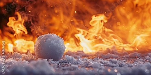 Snowball's chance in hell - frozen snowball surrounded by fiery flames