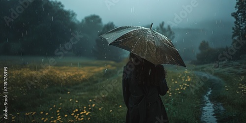 Rainy day concept - Showers raining in the spring April weather - woman with an umbrella 