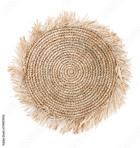 round handmade crafted crochet raffia placemat with fringes isolated over a transparent background, cut-out natural boho home, table or interior design element, top view / flat lay, PNG