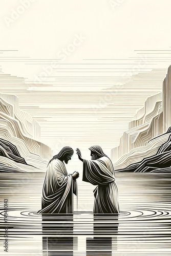 Jesus is baptized by John the Baptist in the Jordan River. Digital illustration.