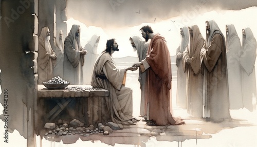 The betrayal of Judas. Judas agreeing to betray Jesus for thirty pieces of silver. Life of Jesus. Watercolor digital painting.