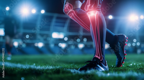 football player pain with injury at knee ankle during play football on competition match in stadium with team soccer, with red highlight with pain injury at transparent bone, sport medical concept