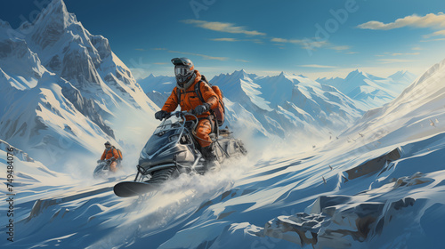 Group of people riding snowmobiles in the snow mountains
