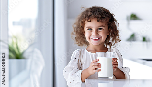 Happy smiling charming girl in a white blouse holding a glass of milk. A child drinks healthy milk in a bright modern kitchen. Products with calcium for children's health