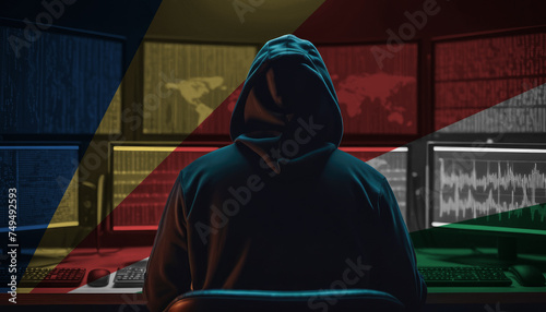 Cyber threat from the Seychelles. Hacker at the computers on a background of monitors, colors of the Seychelles flag.