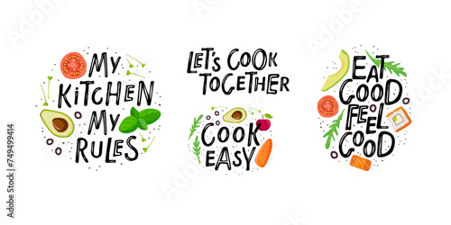 Kitchen Posters, banner, cookware prints, label for shop, kitchen classes, cafe, food studio. Handwritten phrase with ingredients. Inspiration graphic design element. My kitchen my rules, Cook easy.