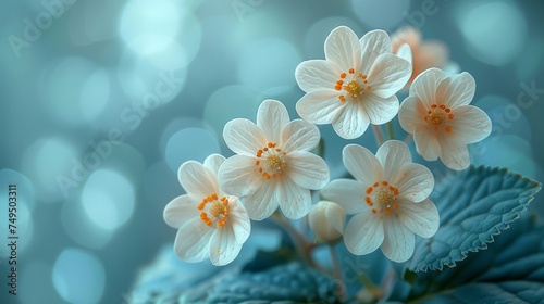 An image of spring forest white primroses on a beautiful blue background. Soft, hazy background, with free space for text. Soft, romantic image, free space for text.