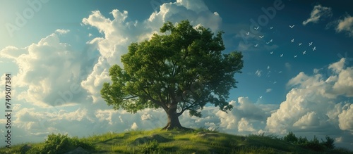 A painting depicting a tall tree standing proudly atop a hill, surrounded by lush greenery and a clear blue sky. The trees branches reach towards the heavens, creating a striking contrast against the