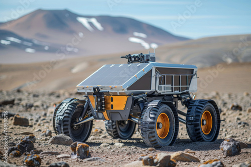 remote-controlled rover equipped with camera traverses rocky and barren landscape, simulating planetary exploration. space explorer, moon,mar mission concept.