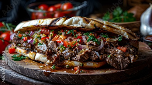 Mouthwatering shawarma sandwich featuring vibrant ingredients for enticing menu promotions. Concept Shawarma Sandwich, Food Photography, Vibrant Ingredients, Menu Promotion, Tempting Flavors