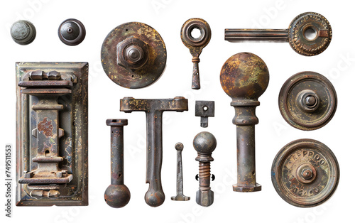 A Collection of Old Doorknobs and Hardware Ready for Rebirth Isolated on Transparent Background PNG.