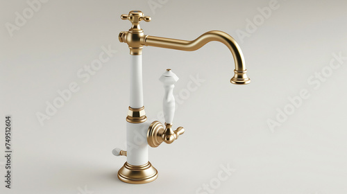 A farmhouse-style kitchen faucet with a white ceramic handle and a brushed brass finish, giving a rustic charm to the kitchen.