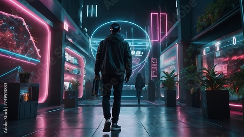 AR Future city concept, Urban Night Life with People Walking, Smiling, and Reflecting City Vibes, Photo realistic style, Metaverse concept with AR, VR, MR, modern style, cyberpunk , supermarket