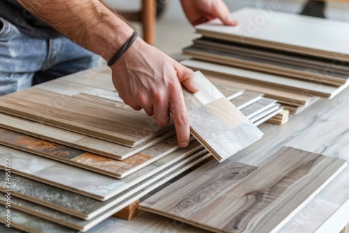 Designer selecting laminate wood flooring samples