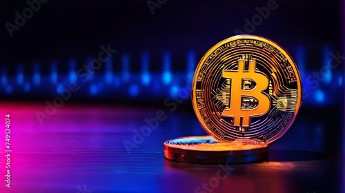 Cryptocurrency golden bitcoin coin on neon background. New virtual money. Bitcoin Gold blockchain hard fork concept. Cryptocurrency symbol in storm illustration with peer to peer network background. 