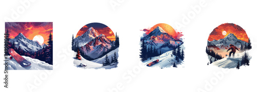 Snowboard, winter sport, mountain clipart vector illustration set