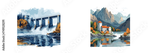 Hydroelectric dam, renewable resources, water power clipart vector illustration set 