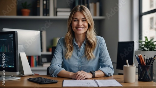 woman at desk with computer, smile and email, job report or article at digital agency, Internet, research and happy businesswoman at tech startup with online review