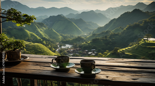Two cup of coffee on a table with nature in the background