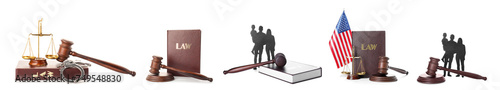 Collage of judge's gavels, law books, scales of justice, handcuffs and figures of family on white background
