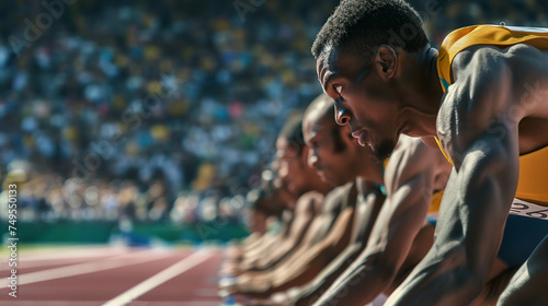 Olympic runners at the starting blocks in a stadium, Intense focus before the gunshot, Crowded stands in the background, The spirit of competition and global unity