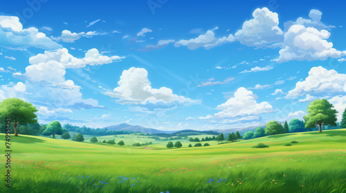 Panoramic landscape of meadow field with trees