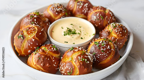 Gourmet pretzel bites with cheese dip
