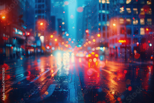 blurred urban background, city at rainy night, road and the traffic lights