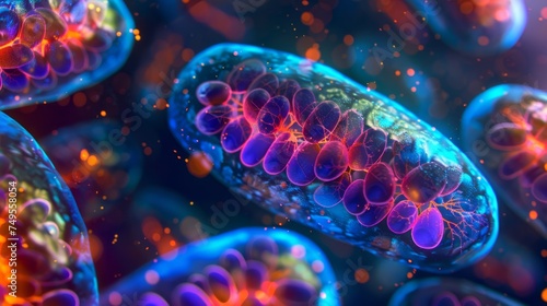Vivid 3D illustration of mitochondria within a cell, symbolizing cellular energy and biology. Conceptual representation for health, medicine, and scientific education.