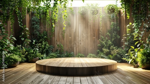 Wooden podium in a lush garden environment for product display. Eco-friendly and natural design concept for sustainable product presentations.
