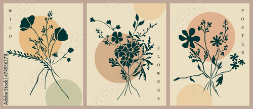 Set of Boho aesthetic botanical wall arts. Retro posters for Scandinavian, Japandi interior design. Vector line art illustrations in pastel beige colors with wild flower bouquet black silhouettes.