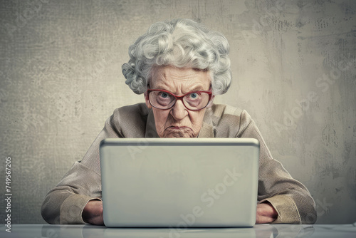 angry old lady sitting behind a laptop