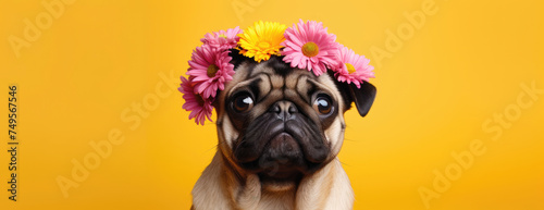 Adorable pug donning a vibrant floral headband, with a curious expression, set against a sunny yellow backdrop, embodying the essence of springtime joy.