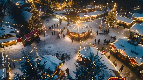 Aerial view of beautiful Christmas market. Illuminated with festive lights and light strings. Fresh snow, magical holiday vibe with cold weather. Outdoor holiday vendor market with shops and cafe