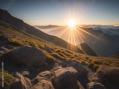 Sunrise over mountain slopes with rays.