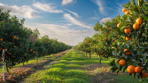 an orange plantation brimming with ripe oranges against the backdrop of a clear blue sky and distant white clouds.